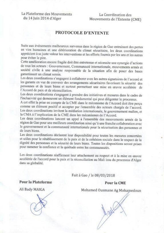Mali /Gao: Signature d’un Protocole d’Entente entre la Plateforme et la CME #Sécurité